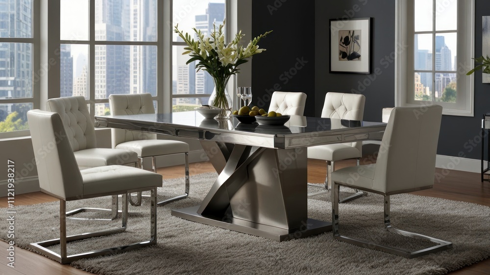 Obraz premium Modern dining room with glass top table, stainless steel base, and white leather chairs.