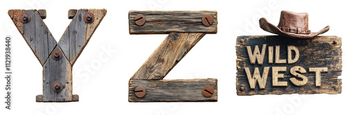 Letter Y and Z and a gift made of old wood with rusty nails. Wild West and Rustic alphabet and typography. Transparent PNG.  photo