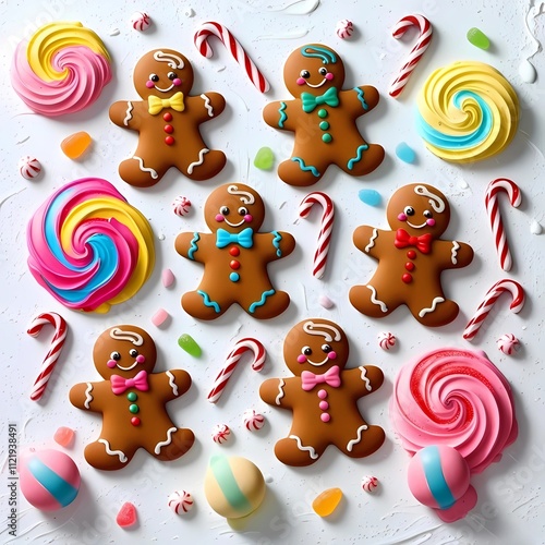 Isolated gingerbread men with playful expressions and colorful icing, surrounded by scattered candy canes and gumdrops photo