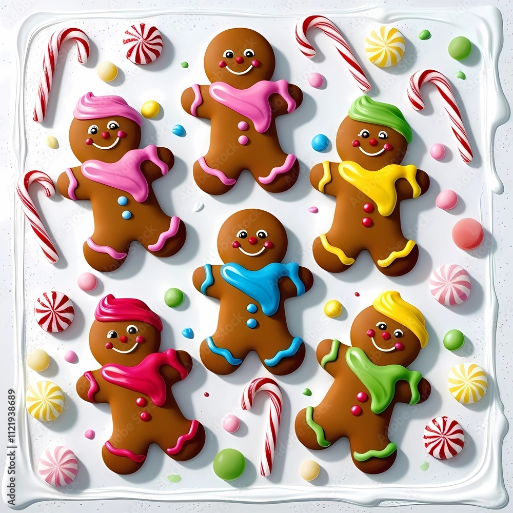 Naklejka premium Isolated gingerbread men with playful expressions and colorful icing, surrounded by scattered candy canes and gumdrops