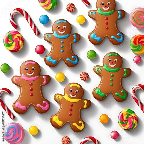 Isolated gingerbread men with playful expressions and colorful icing, surrounded by scattered candy canes and gumdrops photo