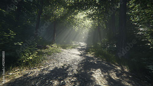 Besides – Two paths diverging in a forest with sunlight filtering through, 8k, hyper realistic. photo