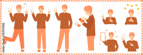 Set illustration of a young man operating a smartphon.