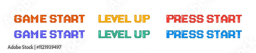Start game. Level up. Press start. Pixel style. Pixel art. 8 bit game. Retro game. For game assets.