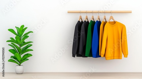 a photostock of a minimalist wardrobe with neutral-toned clothes hanging symmetrically, modern style 2025 photo