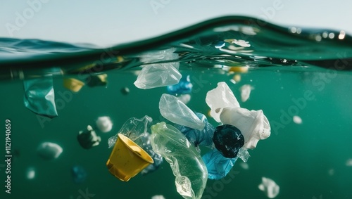 Floating microplastics in clear water emphasizing the environmental damage caused to oceans and drinking water systems. AI generative.