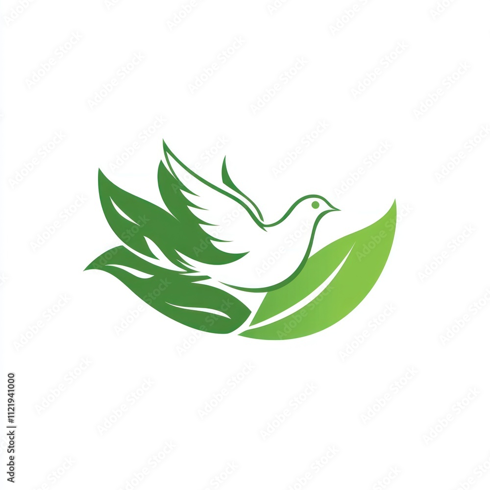 Obraz premium A white dove in flight surrounded by green leaves, symbolizing peace and nature.