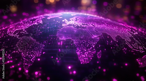 A finance company logo featuring a globe in a purple digital world, representing global business connections photo