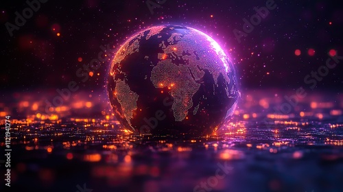 A finance company logo featuring a globe in a purple digital world, representing global business connections photo