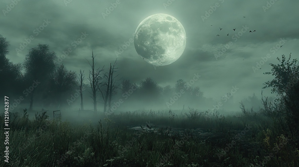 A foggy field with dead trees and birds in the sky, as a full moon shines through the clouds, adding an eerie vibe A foggy field with dead trees and birds in the sky, as a full moon shines through the clouds, adding an eerie vibe