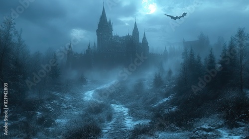 A fog-covered fantasy castle with bats flying in the background, illuminated by the moonlight from one side photo