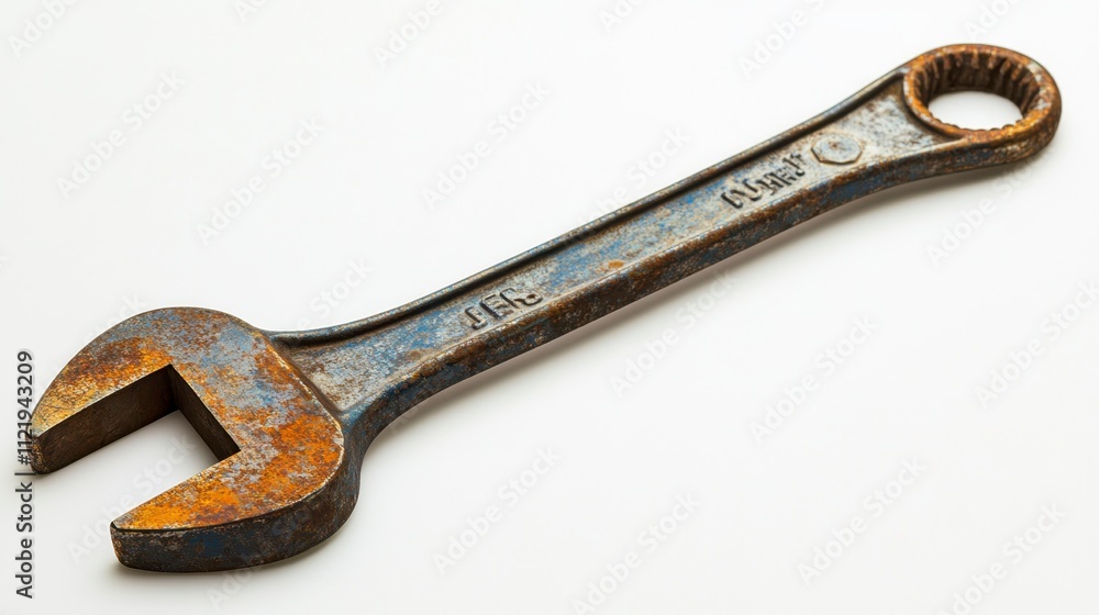 Rusty Wrench on White Background - Close-Up View