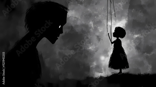 Echoes of innocence lost: child marionette gazing at sinister puppet master in the shadows [marionette metaphor]. shadow puppet show. illustration. Echoes. Illustration photo