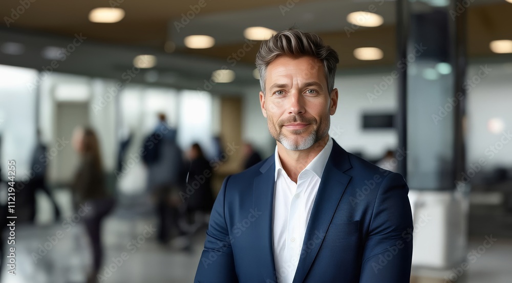 Fototapeta premium Confident mature business man in office. Senior businessman coach, leader looking at camera. Middle aged business man in suit standing in office. Businessman boss director.