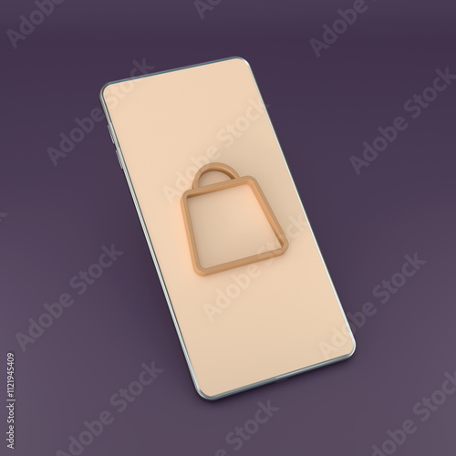 Minimalist Smartphone Displaying Shopping Bag Icon on Purple Background