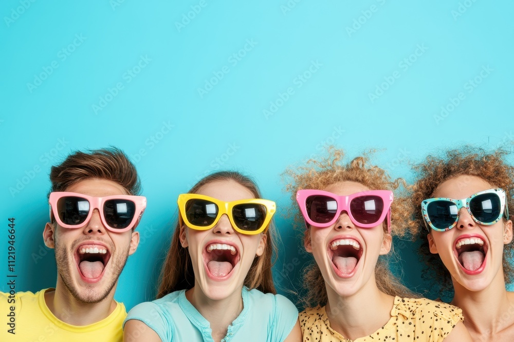Happy Friends Wearing Colorful Sunglasses Smiling Together Against a Bright Blue Background Celebrating Summer Vibes and Joyful Moments Happy Friends Wearing Colorful Sunglasses Smiling Together Against a Bright Blue Background Celebrating Summer Vibes and Joyful Moments
