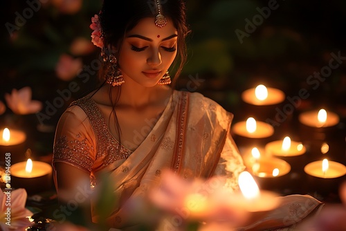 Elegant Woman in Saree with Candles and Flowers1 photo