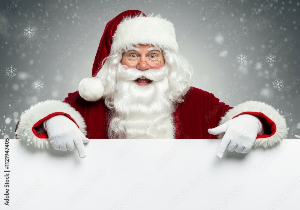 Santa Claus in a red suit with a white beard and glasses points at a blank white banner with snowflakes falling in the background
Santa Claus in a red suit with a white beard and glasses points at a blank white banner with snowflakes falling in the background
