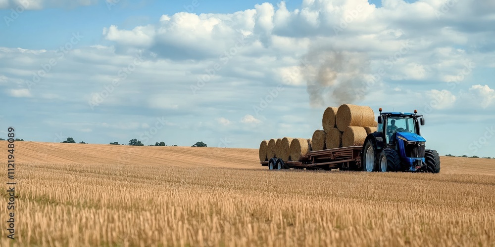 Fototapeta premium A wide shot of a rustic blue tractor pulling a trailer stacked with round hay bales
