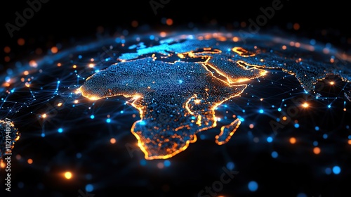A glowing digital globe with African continent highlighted, surrounded by data streams and global network symbols