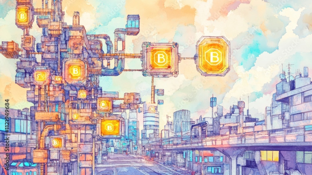 Fototapeta premium Futuristic cityscape with vibrant colors and intricate architecture in a digital world.