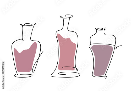 Three different abstract wine bottles, hand-drawn in a continuous single line, isolated on a white background. A set of curved glass decanters with an alcoholic red drink. An element for decorating