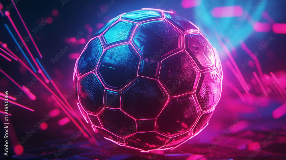 Naklejka premium Futuristic Soccer Ball Neon Glow Abstract Sports Background Pink and Blue