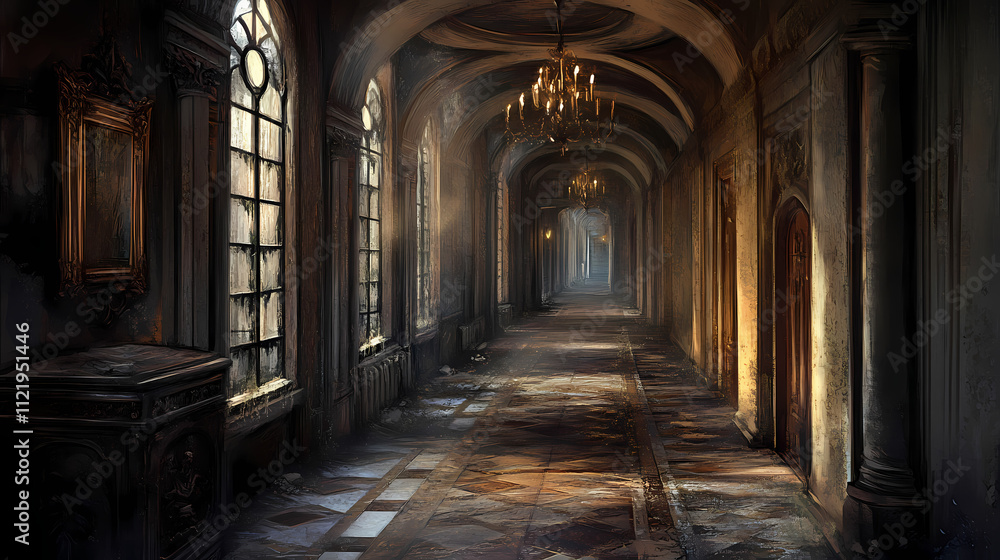 Fototapeta premium Abandoned hallway with echoes of emptiness, abandoned, hallway, echoes, emptiness, forgotten, promises, whispers, silence. Echoes. Illustration