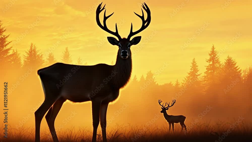 Majestic Deer Silhouettes Against a Stunning Sunrise in a Forest Landscape Scene