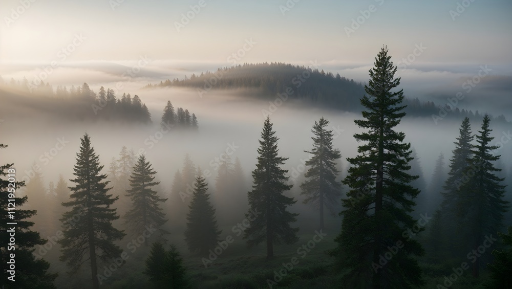 Obraz premium Sunbeams Piercing the Fog: A Magical Forest Landscape