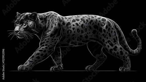 Black and white vector t-shirt design, sleek stealthy panther with a stealthy stride, character from a jungle adventure, isolated on black background. photo