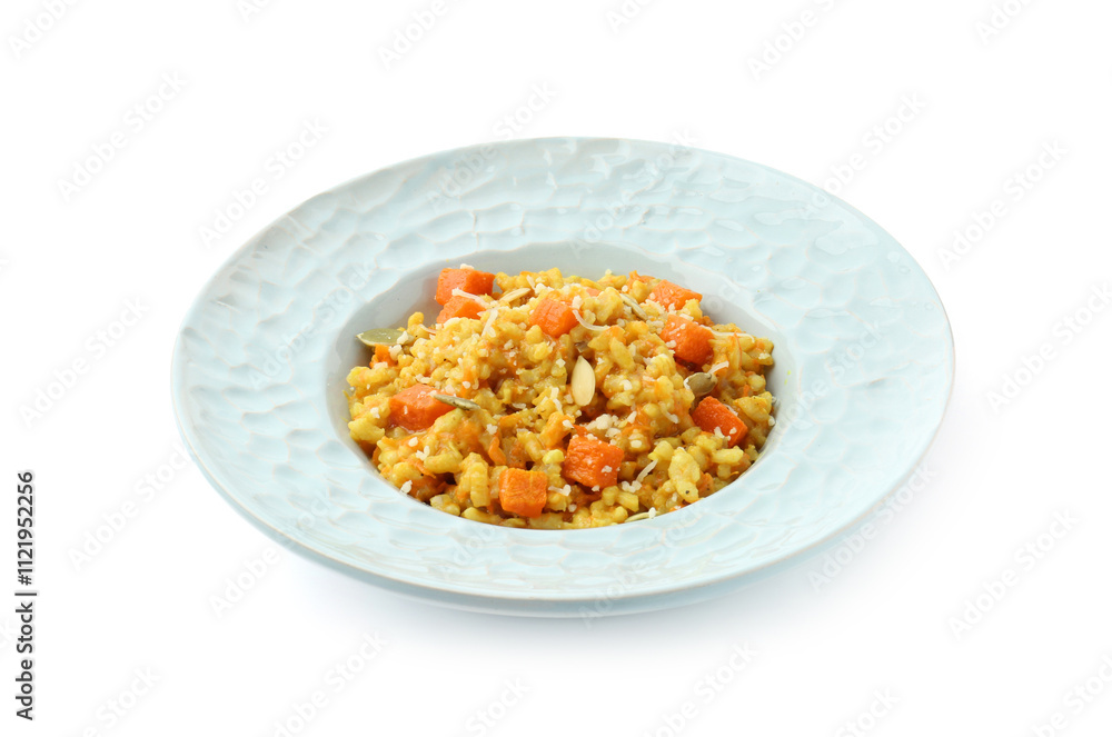 Delicious pumpkin risotto in bowl isolated on white Delicious pumpkin risotto in bowl isolated on white