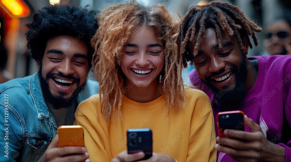 Fototapeta premium A group of friends laugh at a funny social media post on a smartphone, enjoying internet clips and texting, highlighting content creation and online sharing