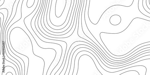 Topography and geography mountain relief cartography line contour map terrain grid abstract vector art background, panorama view landscape geodesy black wave curve lines banner background design.