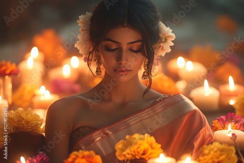 Golden Hour Portrait Woman in Peach Saree with Jhumkas photo