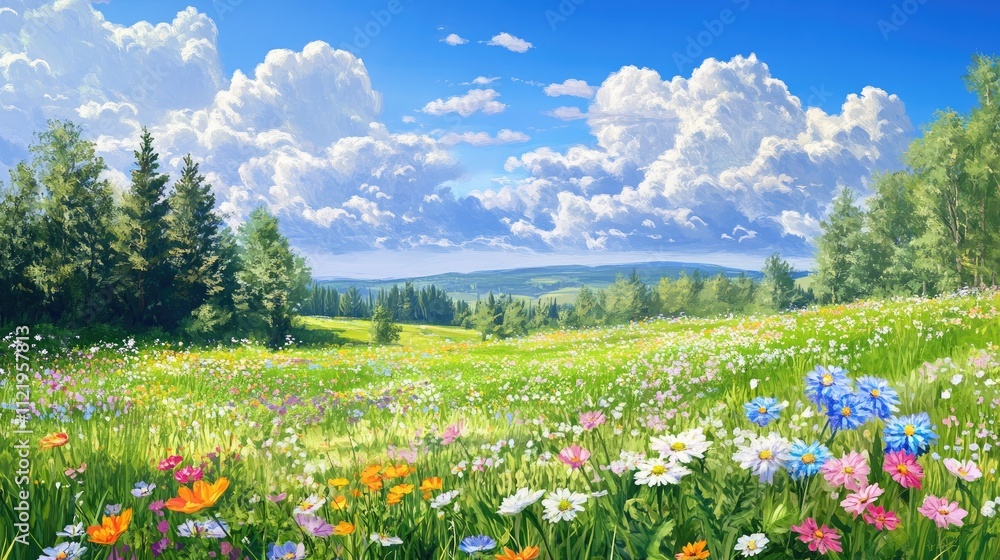 Sunny meadow with colorful wildflowers, trees, and blue sky. Sunny meadow with colorful wildflowers, trees, and blue sky.