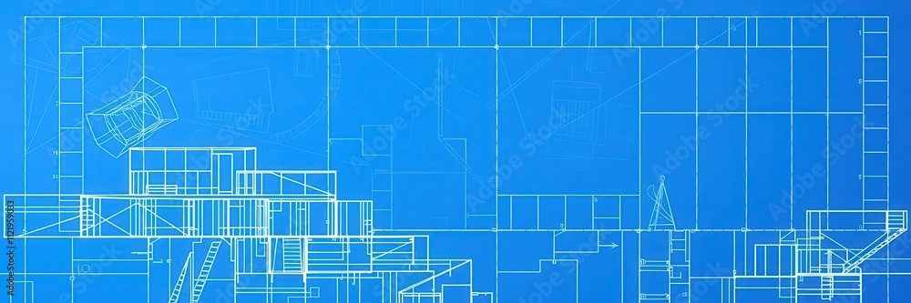 Fototapeta premium Blueprint photo effect with white lines on a blue background, resembling a technical drawing, white lines, technical drawing