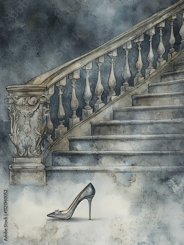 Cinderella-style high heel shoe at the foot of an elegant staircase, evoking a fairytale ambiance