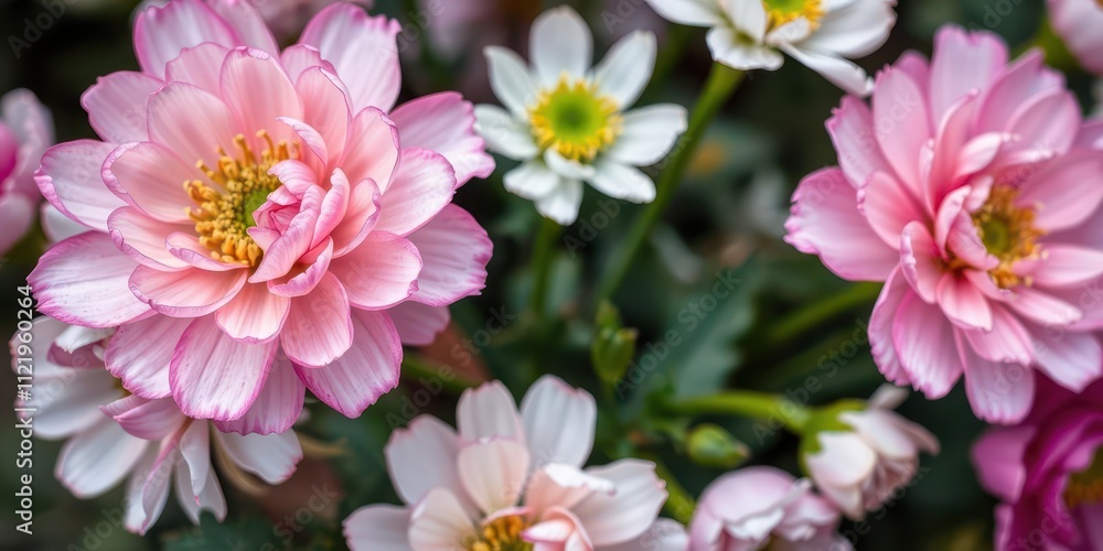 Obraz premium Close-up of beautiful pink and white ranunculus flowers, spring, petals