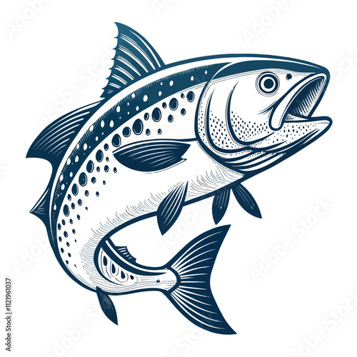 Stylized Blue Fish Illustration. stylized illustration of a fish, likely a trout or salmon, depicted in a dynamic pose as if it is swimming or leaping.