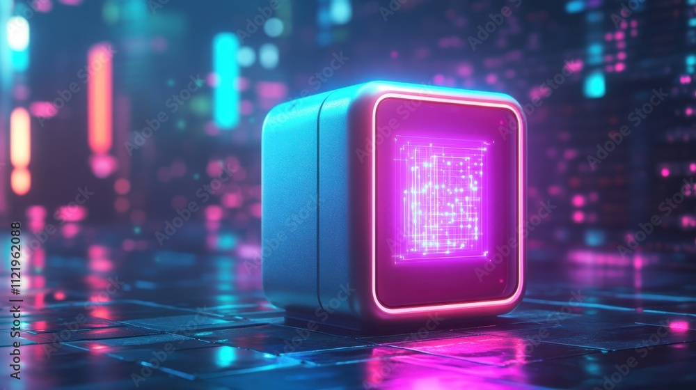 Futuristic quantum computer with glowing neon accents in a digital environment. Futuristic quantum computer with glowing neon accents in a digital environment.