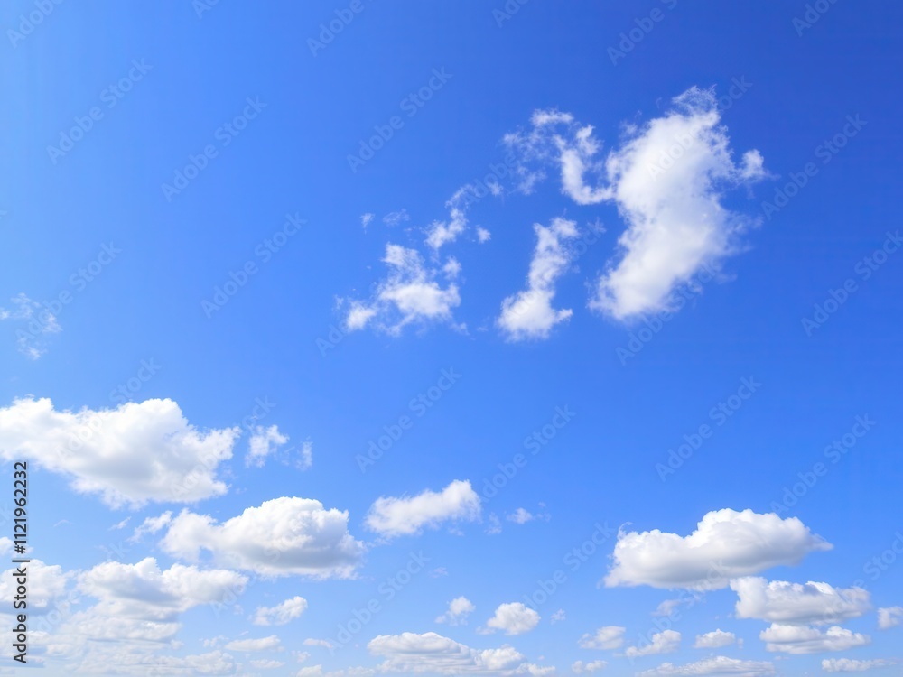 Obraz premium Fluffy white clouds on bright blue sky, perfect weather for summer outdoor activities, scenic, serene