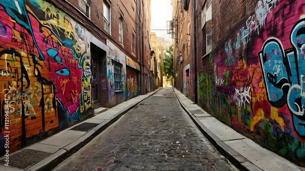 Fototapeta premium Vibrant Graffiti Adorns A Cobblestone Alleyway Between Brick Buildings