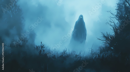 A ghostly figure standing in the fog, calling out to anyone who passes, but its voice only echoes in the mist. Echoes. Illustration