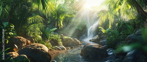 A cinematic photograph of a lush rainforest jungle with rocks and a small stream on a tropical island photo