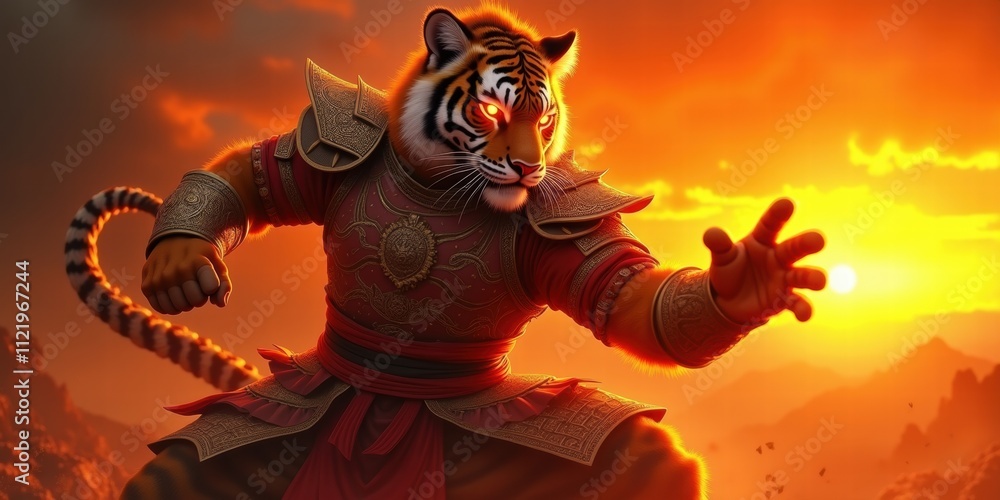 Fototapeta premium A fierce warrior tiger stands confidently against a vibrant sunset, embodying strength and bravery. Perfect for fantasy, gaming, and adventure themes.