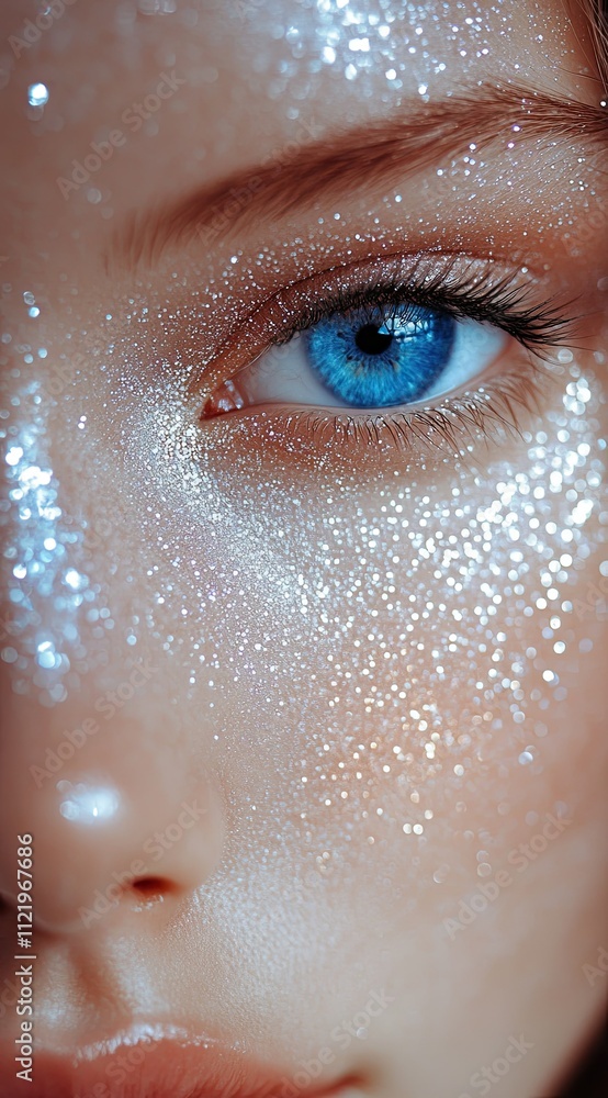 Fototapeta premium Shimmering Elegance: Close-Up Portrait with Silver Glitter and Radiant Blue Eyes