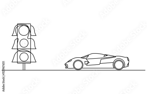 Continuous one line drawing of traffic lights with poles to regulate vehicle travel at road intersections, Light traffic one line continuous. Light traffic line art
