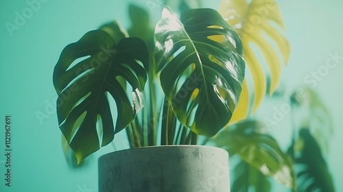 Close-up of a Monstera Plant with Fenestrations in a White Pot photo