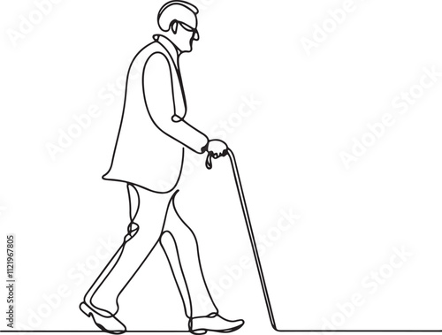 Minimalist Line Drawing of an Old Man Walking with a Cane on Clean White Background